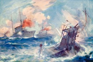 Het zinken van de Duitse onderzeeër SM U-15 na te zijn geramd door de Britse lichte kruiser H.M.S. Birmingham, 9 augustus 1914 tijdens de Eerste Wereldoorlog, uit De Geschiedenis van de Grote Oorlog, gepubliceerd ca. 1919 door English School